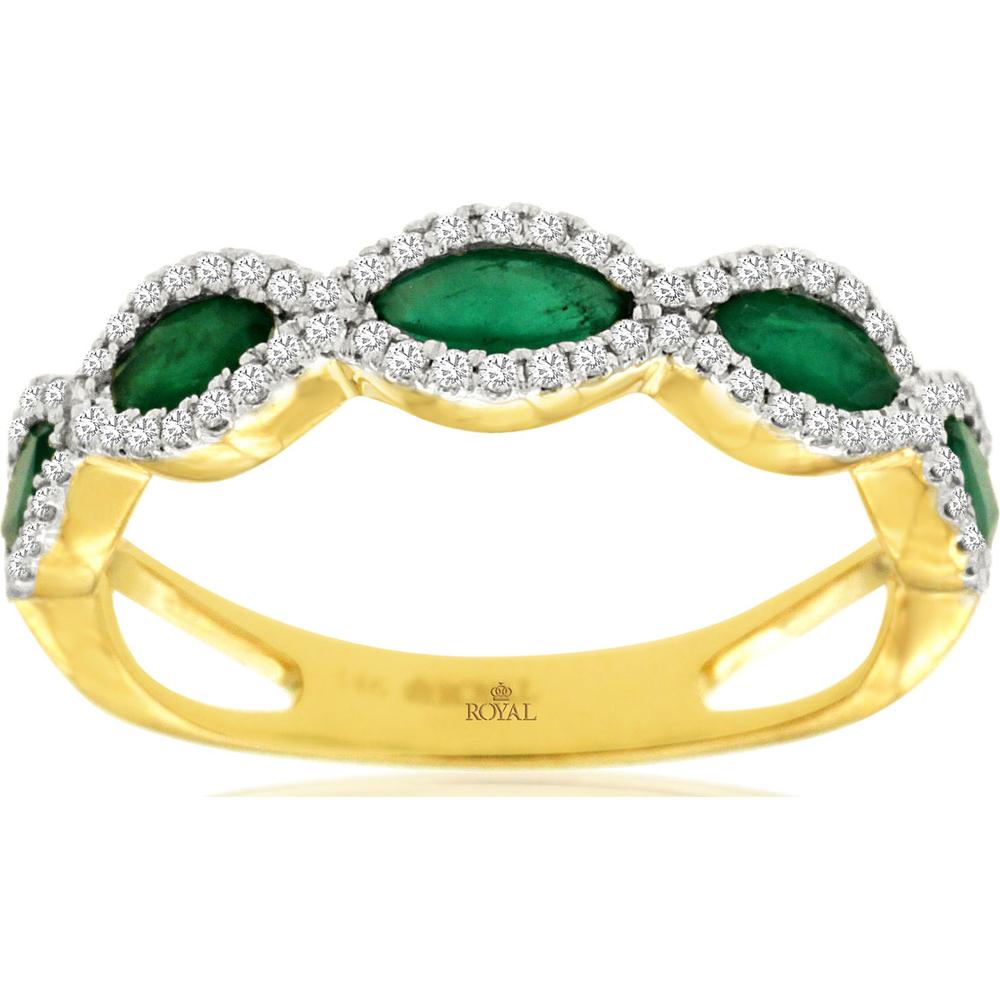 14K Yellow Gold Emerald & Diamond Ring with Marquise Emeralds and Diamond Halo - 1.00 Carats Total Gem Weight