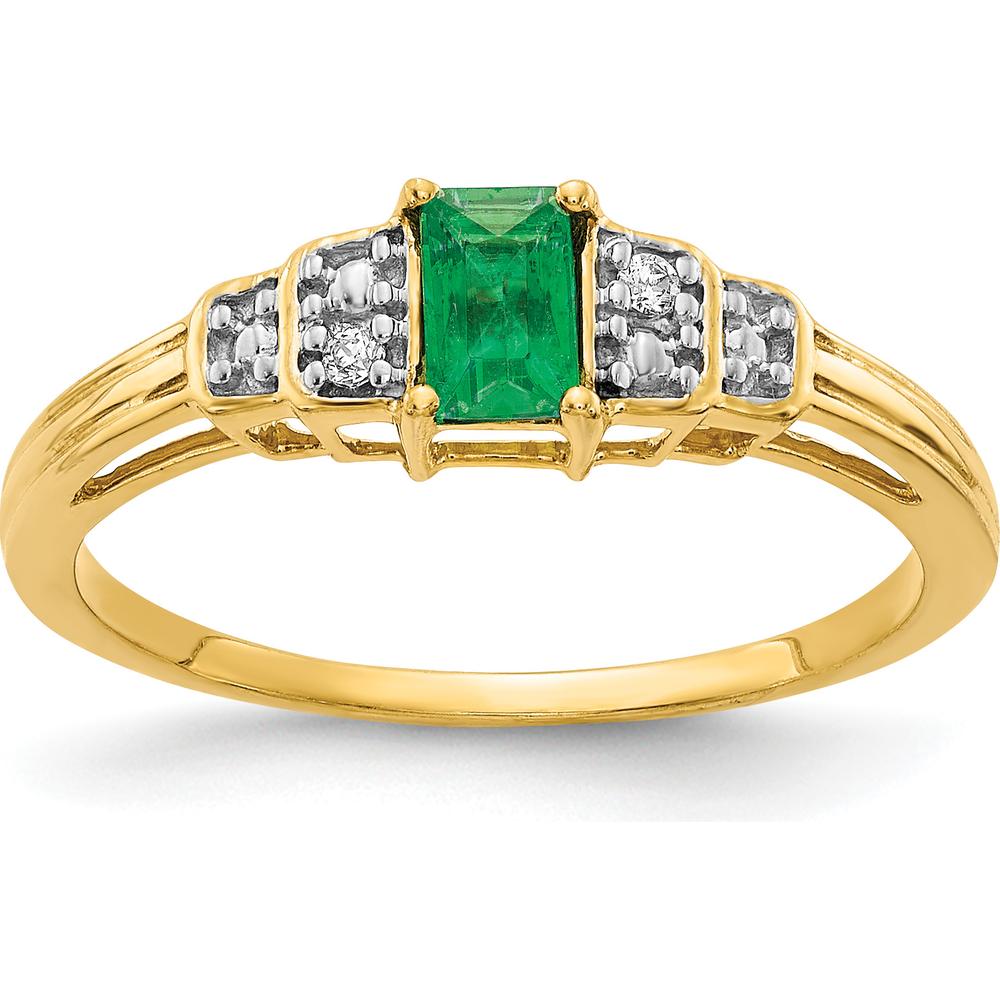 14K Yellow Gold Emerald and Diamond Ring with Octagon and Round Cut Stones - 0.304 Carat Emerald, 0.02 Carat Diamond Total Weight by 0