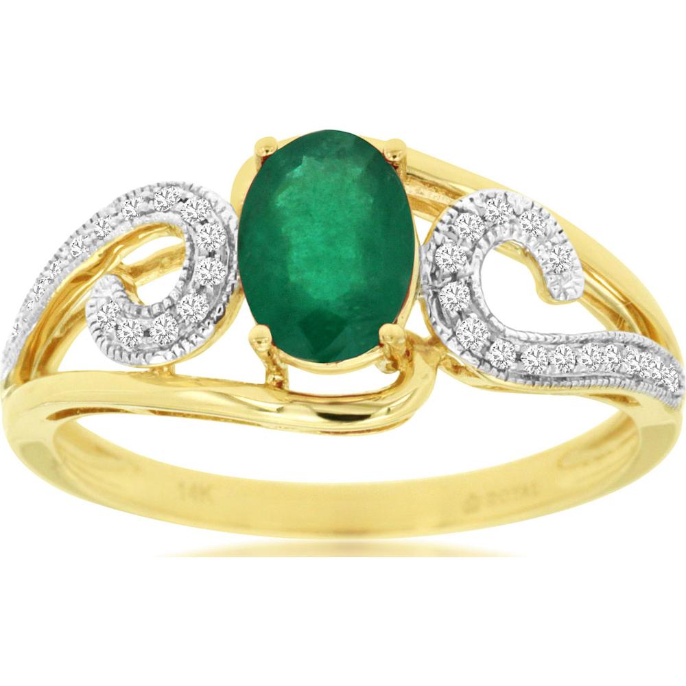 14K Yellow Gold Emerald and Diamond Ring with Oval Emerald - 0.70 Carats Emerald and 0.09 Carats Total Diamond Weight