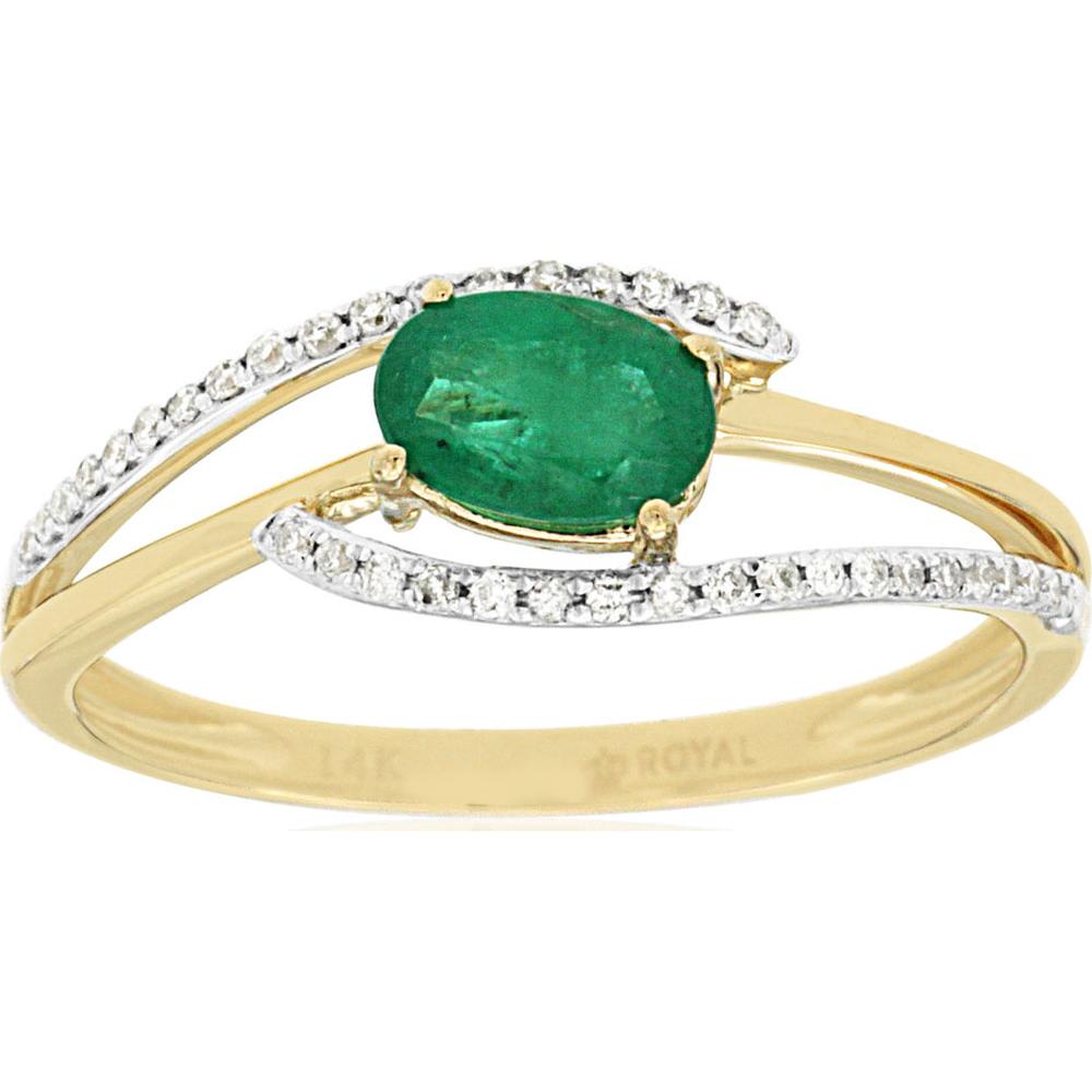 14K Yellow Gold Emerald & Diamond Ring with Oval Emerald and Brilliant Diamonds - 0.57 Carats Total Gem Weight