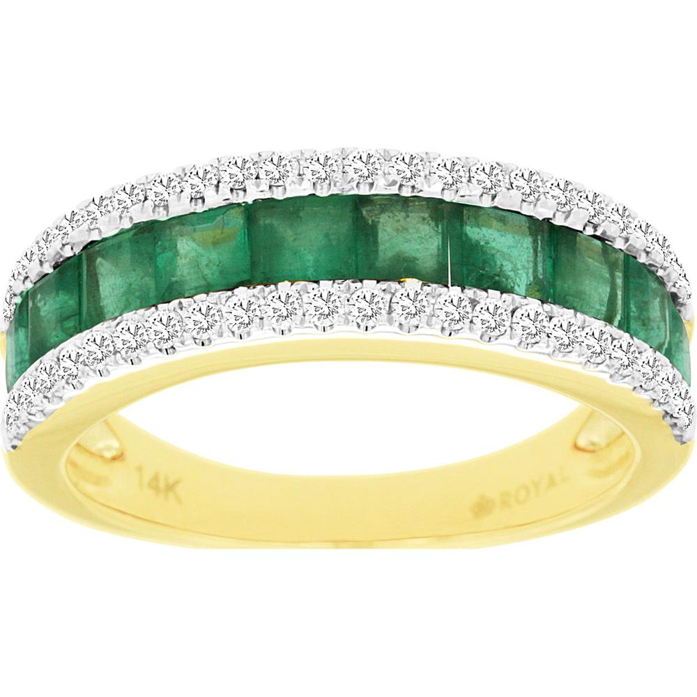 14K Yellow Gold Emerald & Diamond Ring with Princess Cut Emeralds and Round Diamonds - 1.55 Carats Total Emerald Weight, 0.35 Carats Total Diamond Weight