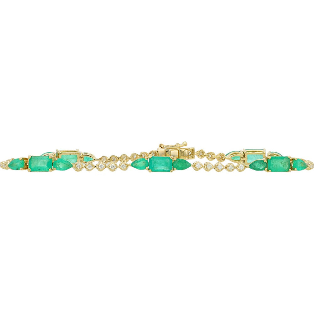 14K Yellow Gold Emerald and Diamond Station Bracelet with Mixed-Cut Green Gems - 4.50 Carat Total Emerald Weight & 0.50 Carat Total Diamond Weight