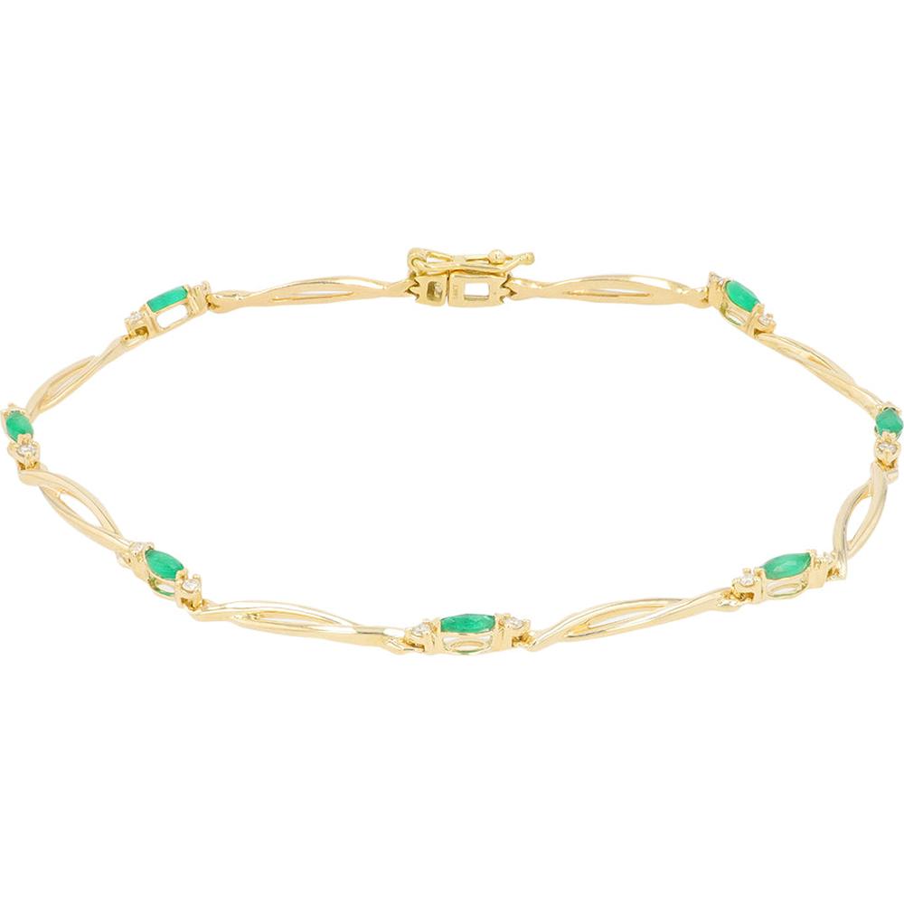 14K Yellow Gold Emerald and Diamond Tennis Bracelet - 7.25" Length with 0.16 Carat Total Diamond Weight