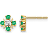 14K Yellow Gold Emerald and Round Diamond Post Earrings - 0.08 Carat Total Emerald Weight, 0.01 Carat Total Diamond Weight by Monteluci Fine Jewelry