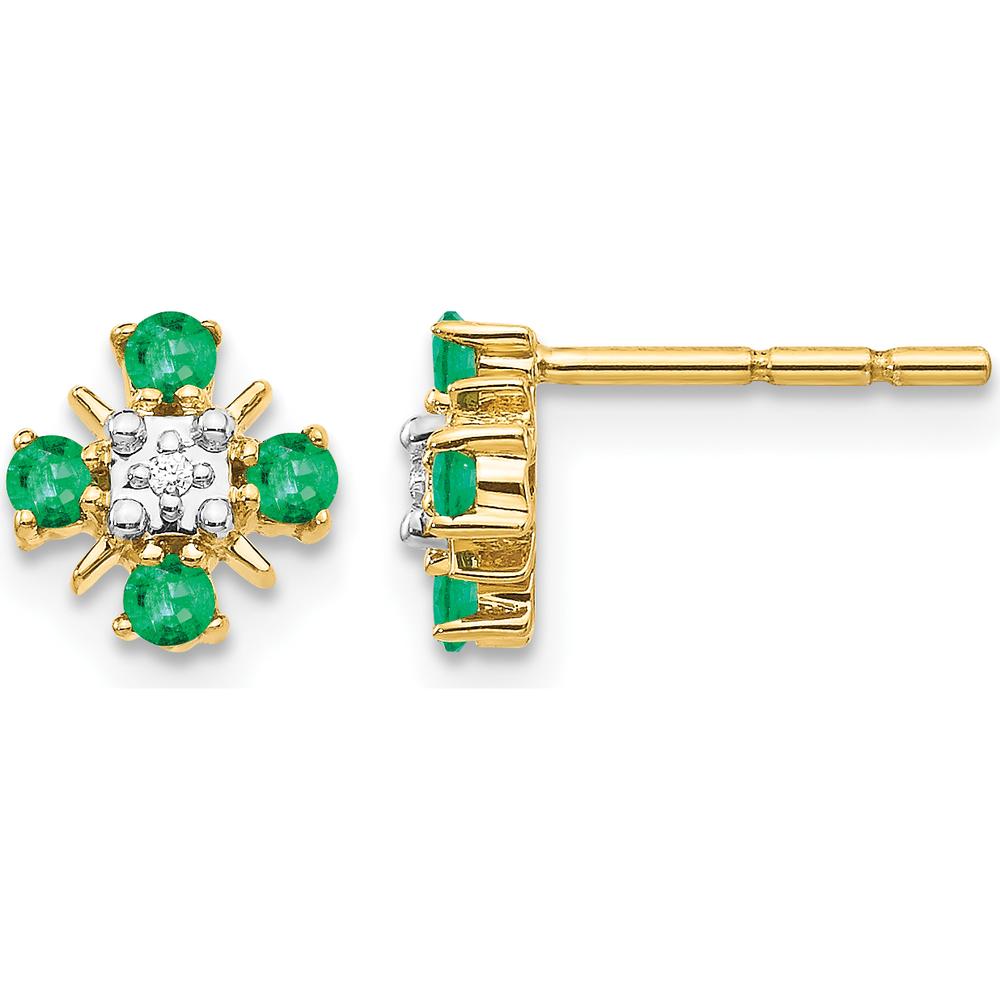 14K Yellow Gold Emerald and Round Diamond Post Earrings - 0.08 Carat Total Emerald Weight, 0.01 Carat Total Diamond Weight by Monteluci Fine Jewelry