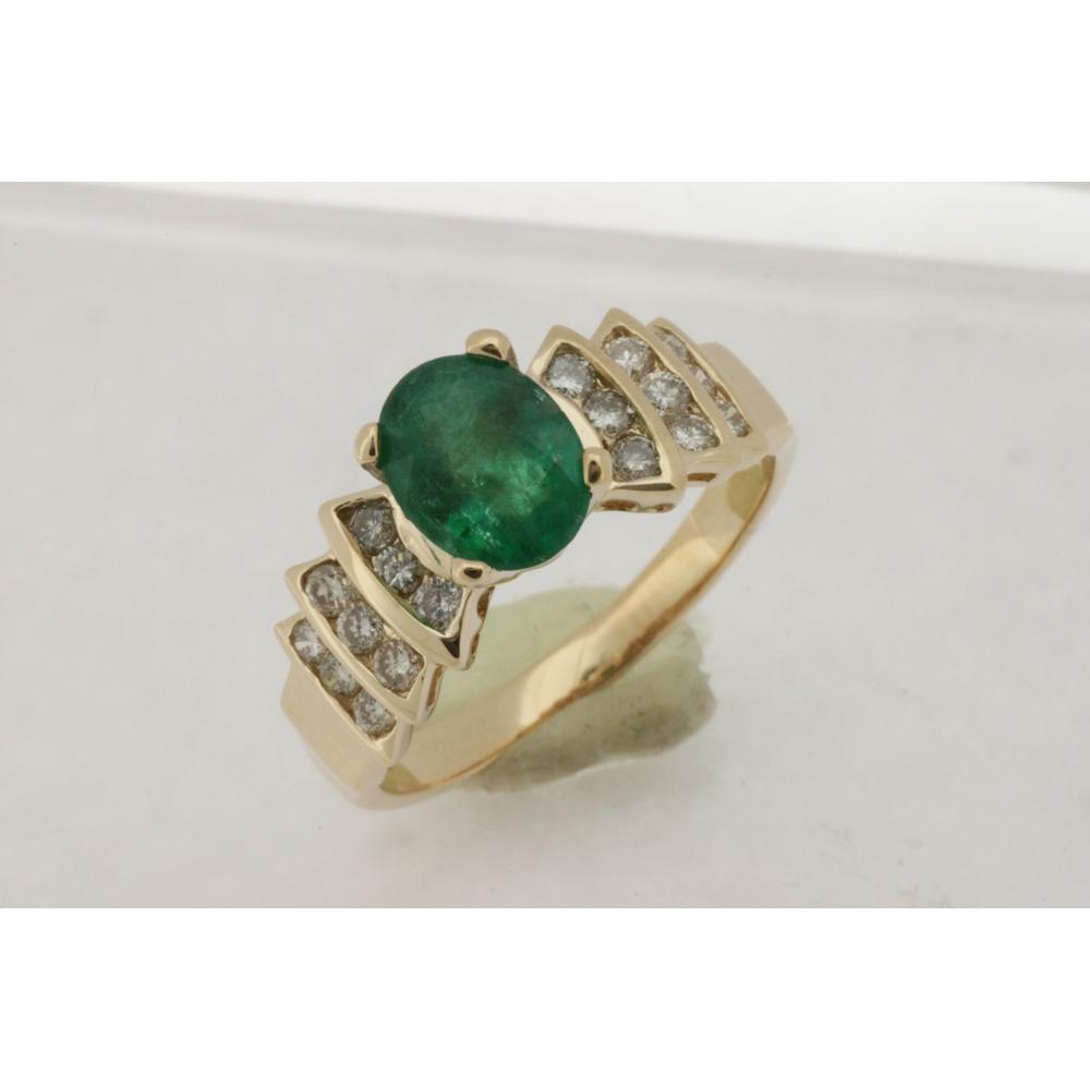 14K Yellow Gold Emerald & Round Diamond Ring with 1.10 Carats Oval Emerald and 0.42 Carats Total Diamond Weight