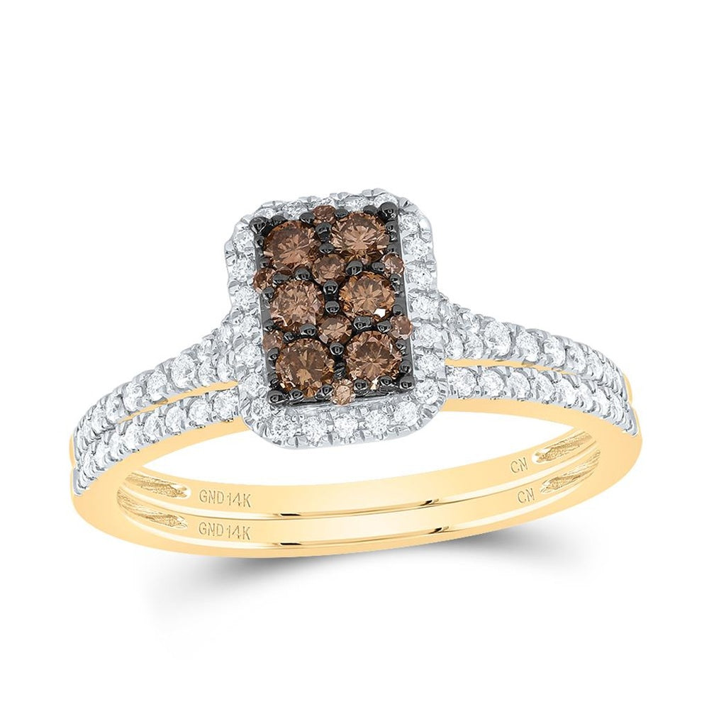 14K Yellow Gold Emerald Brown and White Diamond Bridal Ring Set - 1/2 Carat Total Gemstone Weight