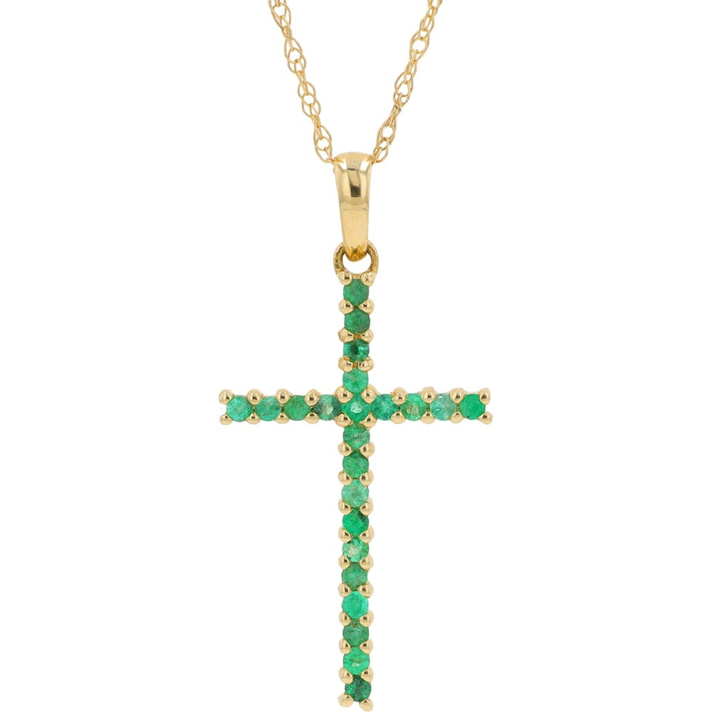 14K Yellow Gold Emerald Cross Pendant with Prong-Set Round Emeralds - 0.30 Carat Total Gem Weight