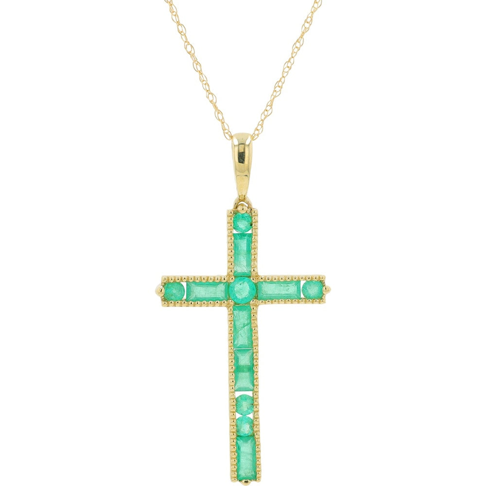 14K Yellow Gold Emerald Cross Pendant with Round and Baguette Cut Gemstones - 1.00 to 1.30 Carat Total Gem Weight
