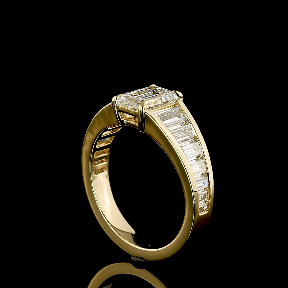 14K Yellow Gold Emerald Cut and Baguette Lab Diamond Ring - 1.25 Carats Center Stone, 2.97 Carats Total Diamond Weight - IGI Certified D VVS1 - Covaloro Fine Jewelry