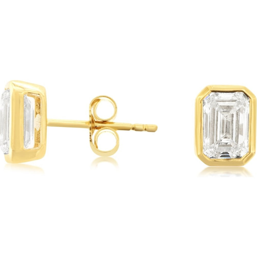 14K Yellow Gold Emerald Cut Bezel Set Lab Grown Diamond Stud Earrings - 2.00 Carat Total Diamond Weight - Royal Jewelry