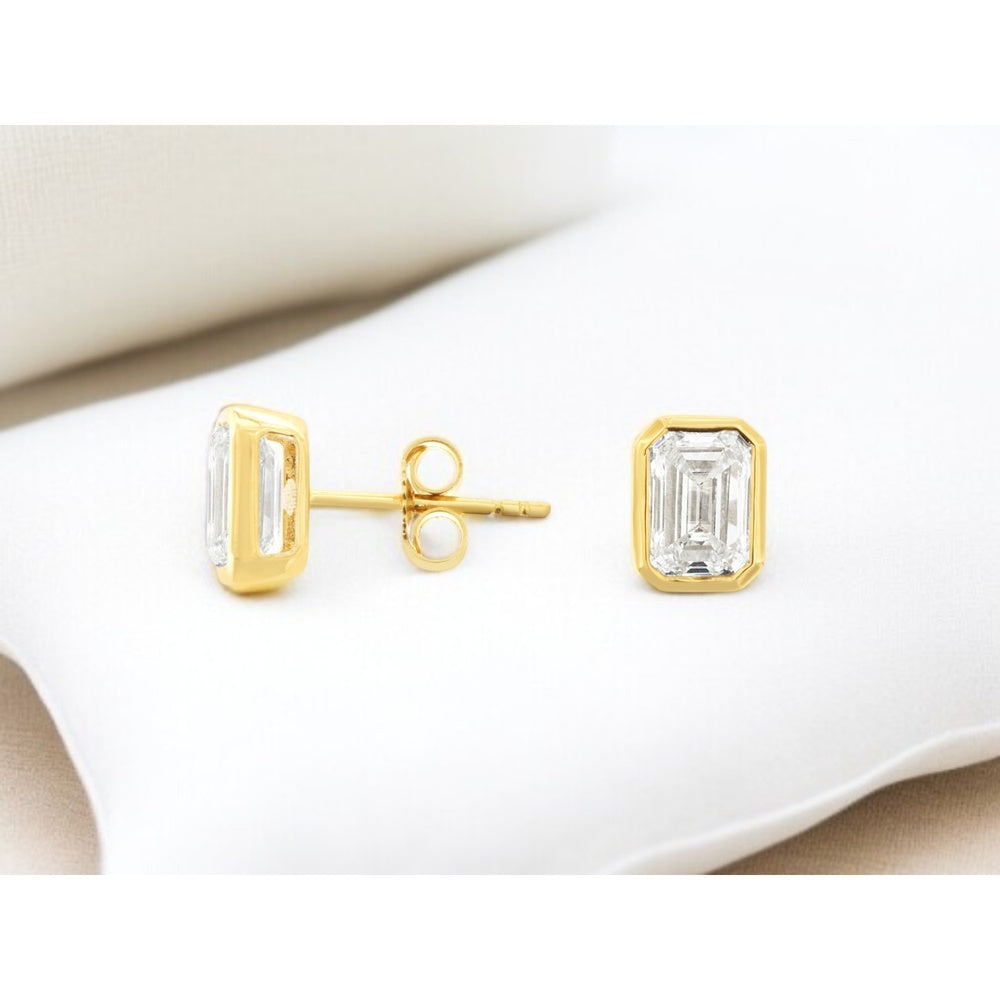 14K Yellow Gold Emerald Cut Bezel Set Lab Grown Diamond Stud Earrings - 2.00 Carat Total Diamond Weight - Royal Jewelry