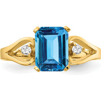 14K Yellow Gold Emerald Cut Blue Topaz Ring with Round Diamond Accents - 1.95 Carat Total Topaz Weight by Monteluci Fine Jewelry