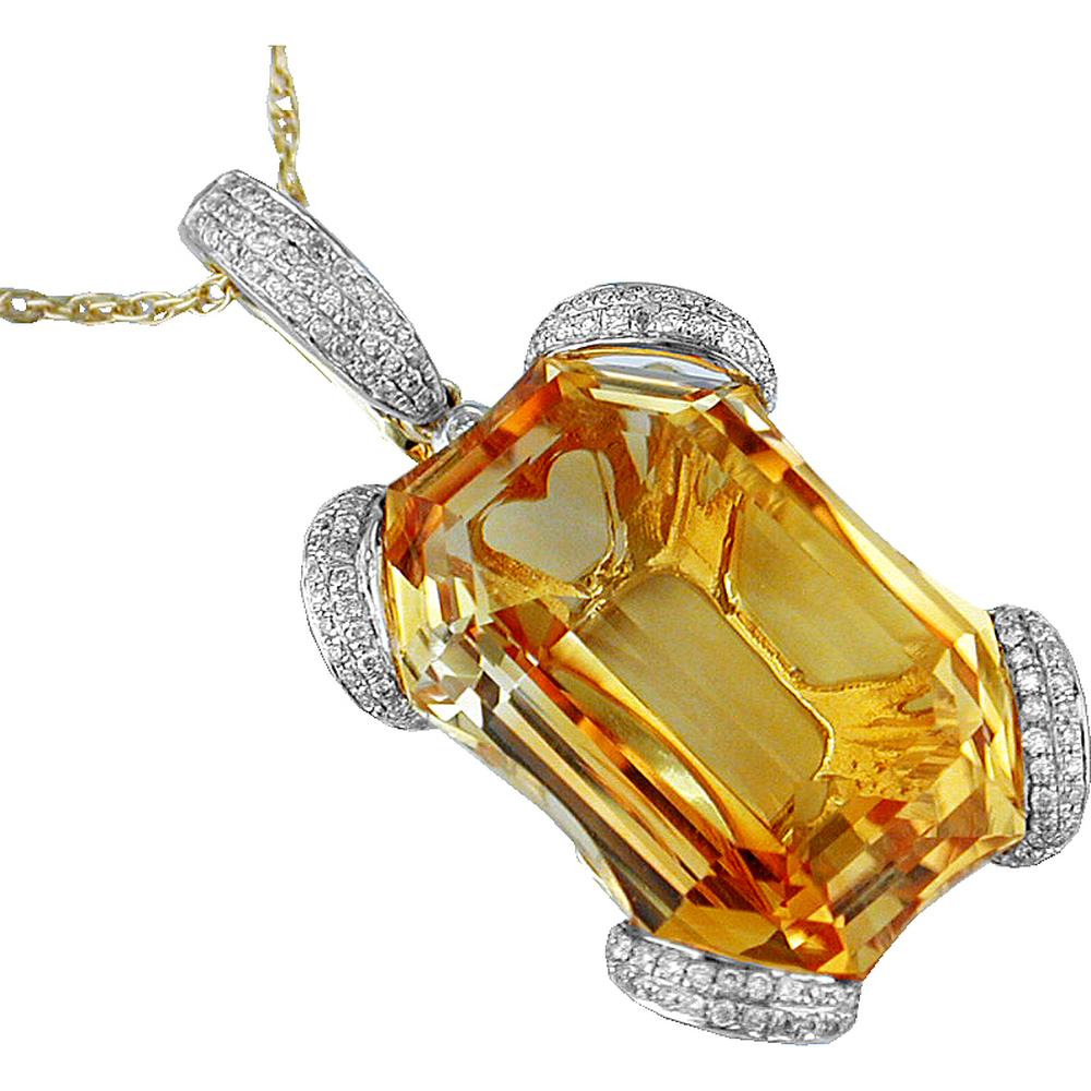 14K Yellow Gold Emerald Cut Citrine Pendant with Milgrain Set Round Diamond Accents - 25.00 Carat Citrine and 0.45 Carat Total Diamond Weight - Royal Jewelry