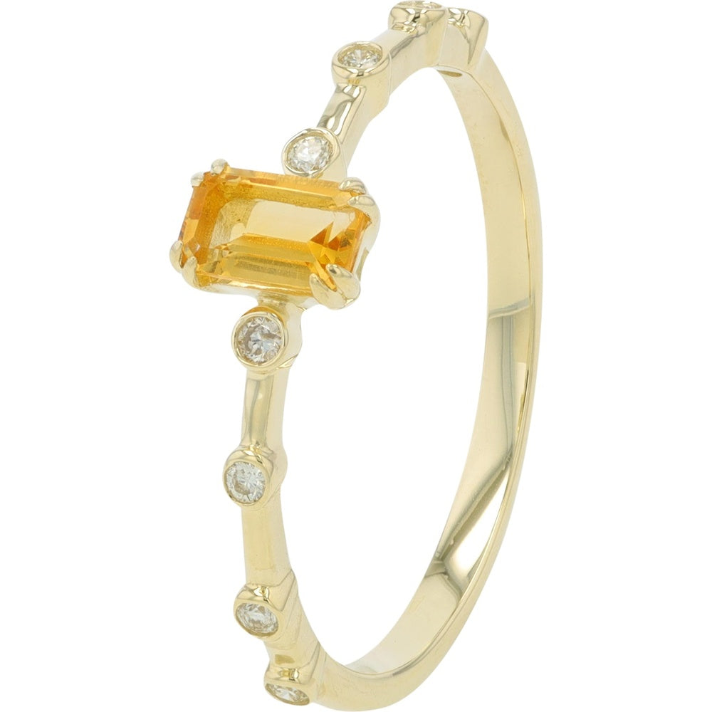 14K Yellow Gold Emerald-Cut Citrine Ring with Bezel-Set Diamond Accents - 0.08 Carat Total Diamond Weight