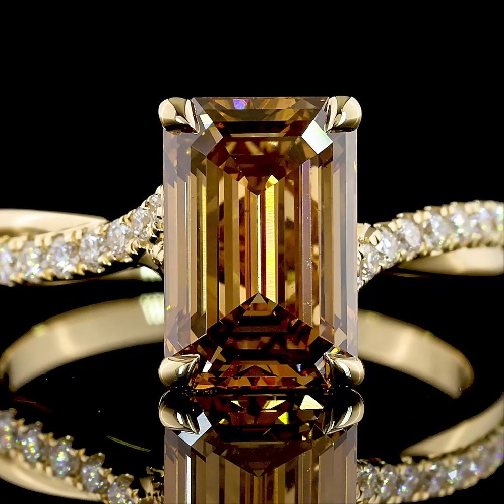 14K Yellow Gold Emerald Cut Cognac Lab Diamond Solitaire Shank Ring - 2.81 Carat Total Diamond Weight - Covaloro Fine Jewelry