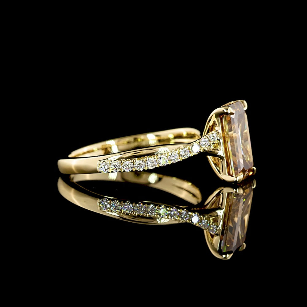 14K Yellow Gold Emerald Cut Cognac Lab Diamond Solitaire Shank Ring - 2.81 Carat Total Diamond Weight - Covaloro Fine Jewelry