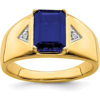 14K Yellow Gold Emerald-Cut Created Sapphire and Round Diamond Men's Ring - 3.98 Carat Sapphire, 0.02 Carat Diamond by 0