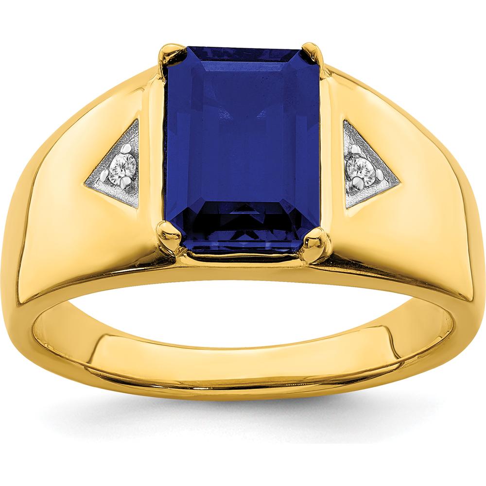 14K Yellow Gold Emerald-Cut Created Sapphire and Round Diamond Men's Ring - 3.98 Carat Sapphire, 0.02 Carat Diamond by 0