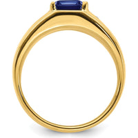 14K Yellow Gold Emerald-Cut Created Sapphire and Round Diamond Men's Ring - 3.98 Carat Sapphire, 0.02 Carat Diamond by 0