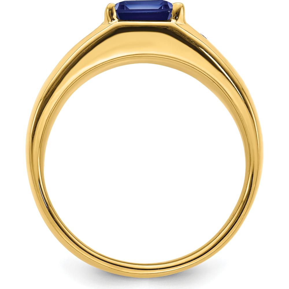 14K Yellow Gold Emerald-Cut Created Sapphire and Round Diamond Men's Ring - 3.98 Carat Sapphire, 0.02 Carat Diamond by 0