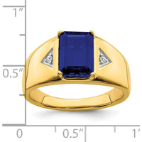 14K Yellow Gold Emerald-Cut Created Sapphire and Round Diamond Men's Ring - 3.98 Carat Sapphire, 0.02 Carat Diamond by 0