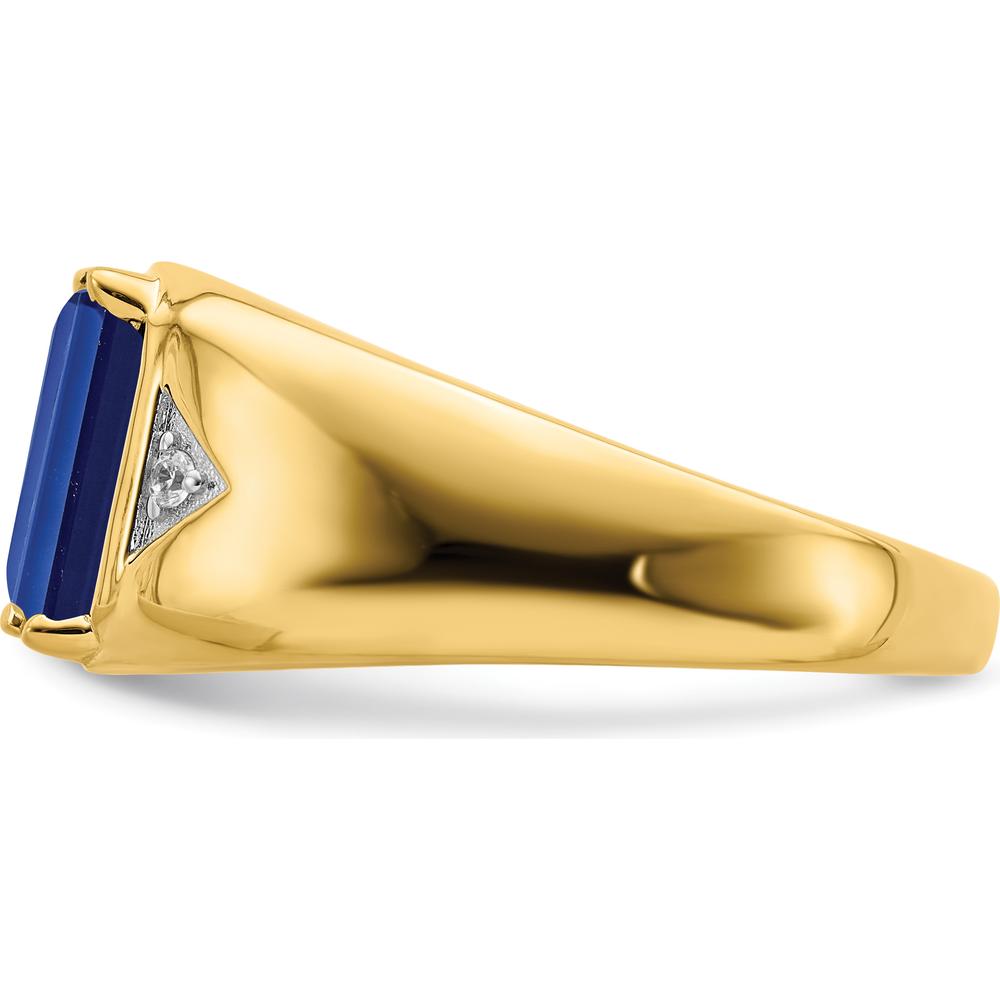 14K Yellow Gold Emerald-Cut Created Sapphire and Round Diamond Men's Ring - 3.98 Carat Sapphire, 0.02 Carat Diamond by 0