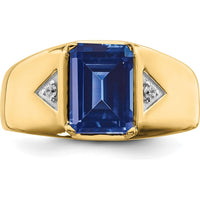 14K Yellow Gold Emerald-Cut Created Sapphire and Round Diamond Men's Ring - 3.98 Carat Sapphire, 0.02 Carat Diamond by 0