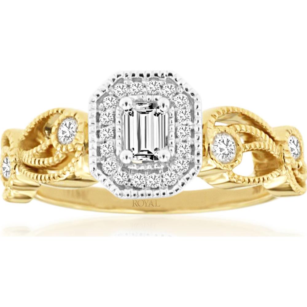 14K Yellow Gold Emerald Cut Diamond Engagement Ring with Rectangular Halo and Openwork Milgrain Band - 0.38 Carat Center Diamond - Royal Jewelry