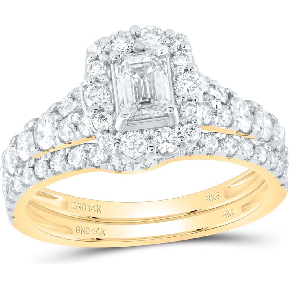 14K Yellow Gold Emerald Cut Diamond Halo Bridal Ring Set with Sapphire Accent - 1.5 Carat Total Diamond Weight