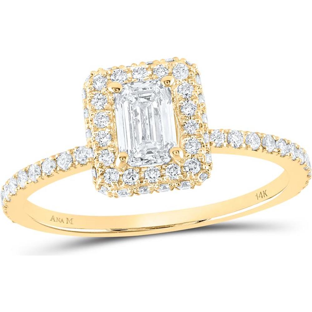 14K Yellow Gold Emerald Cut Diamond Halo Bridal Wedding Ring Set - 7/8 Carat Total Diamond Weight