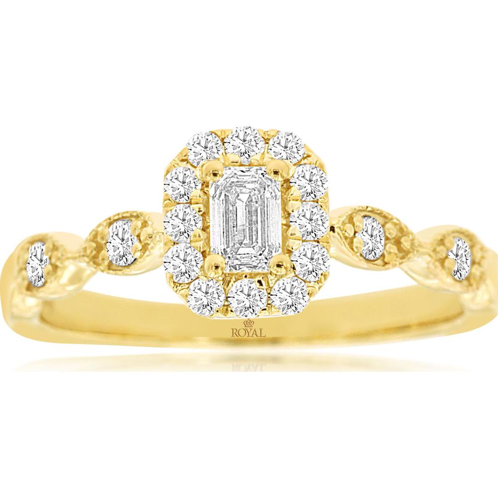 14K Yellow Gold Emerald-Cut Diamond Halo Engagement Ring with Twisted Diamond Accents - 0.50 Carat Total Diamond Weight - Royal Jewelry