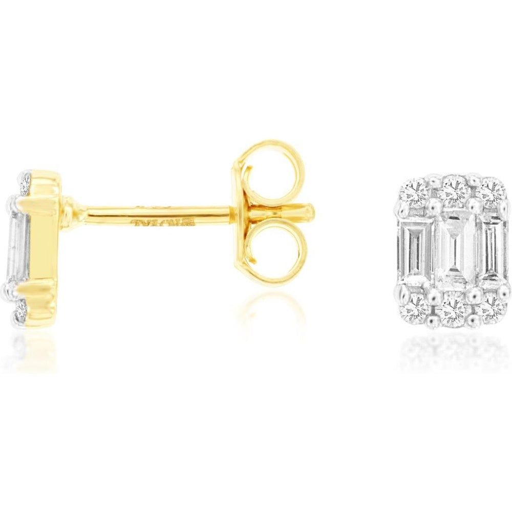 14K Yellow Gold Emerald-Cut Diamond Halo Stud Earrings with Butterfly Backs - 0.45 Carat Total Diamond Weight - Royal Jewelry