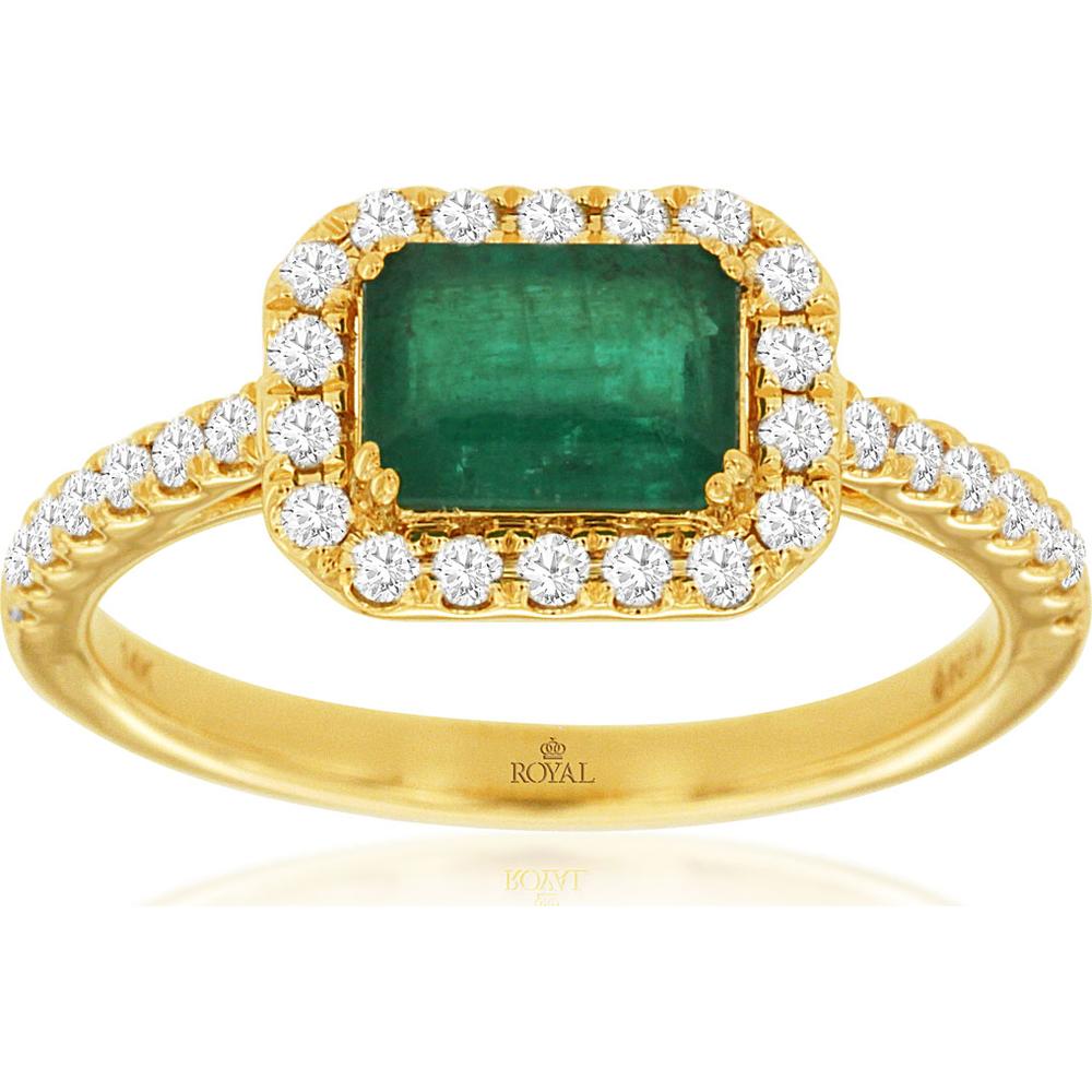 14K Yellow Gold Emerald Cut Emerald and Diamond Halo Ring - 1.00 Carat Emerald and 0.33 Carat Total Diamond Weight - Royal Jewelry