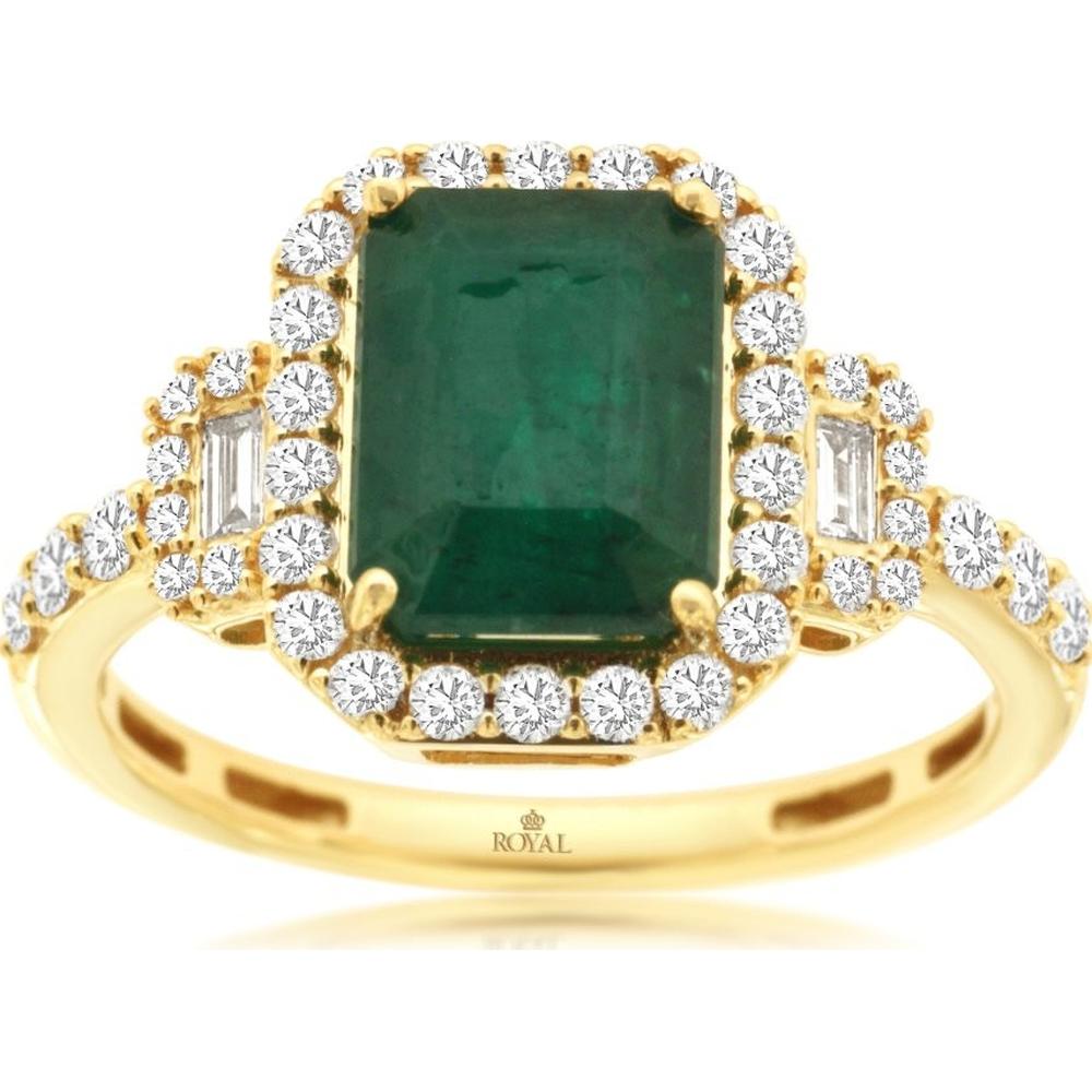 14K Yellow Gold Emerald Cut Emerald and Diamond Halo Ring with Baguette Sides - 2.15 Carat Emerald, 0.50 Carat Total Diamond Weight - Royal Jewelry