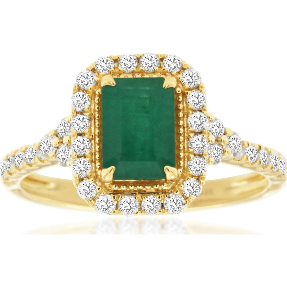 14K Yellow Gold Emerald Cut Emerald and Diamond Halo Ring with Milgrain Detail - 1.00 Carat Emerald, 0.46 Carat Total Diamond Weight - Royal Jewelry