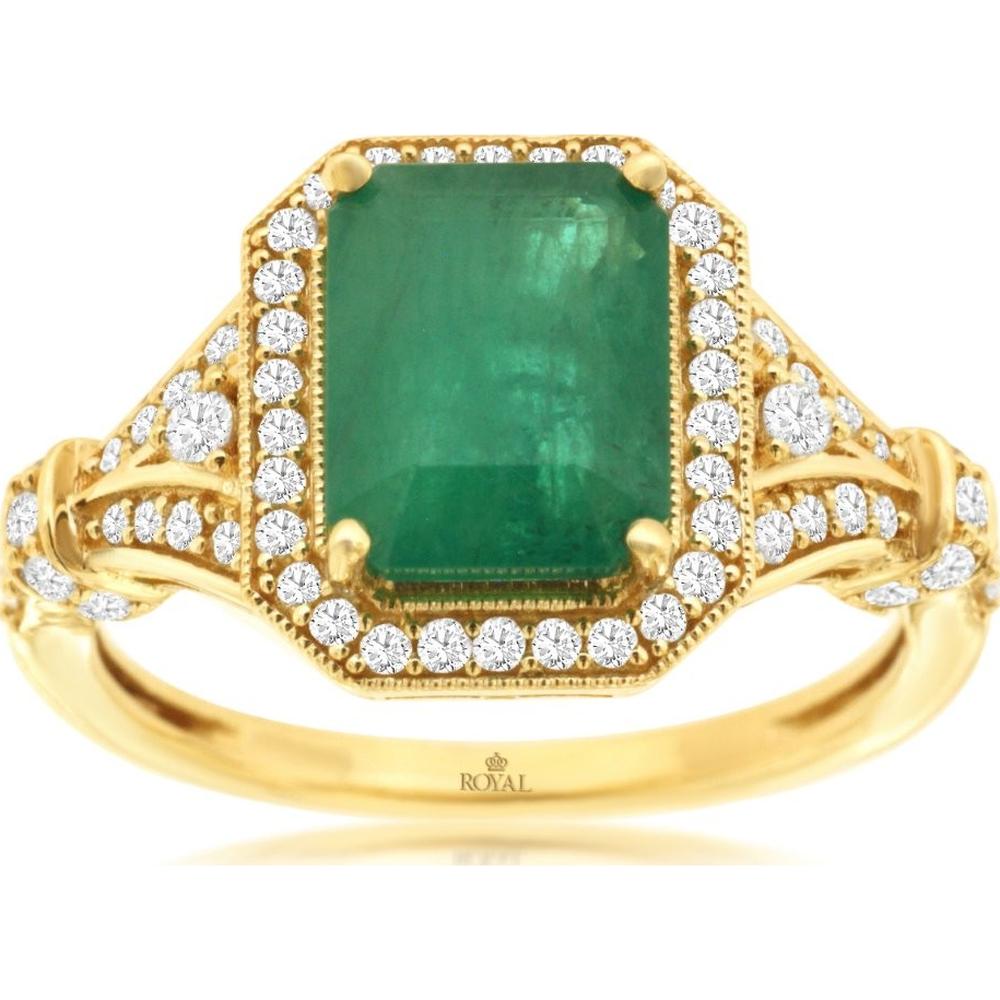 14K Yellow Gold Emerald Cut Emerald and Diamond Halo Ring with Vintage Milgrain Details - 2.15 Carat Emerald, 0.40 Carat Total Diamond Weight - Royal Jewelry