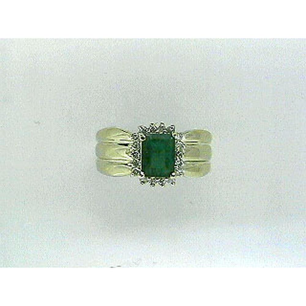14K Yellow Gold Emerald Cut Emerald and Round Diamond Halo Ring - 0.90 Carat Emerald and 0.22 Carat Diamond Total Weight - Royal Jewelry