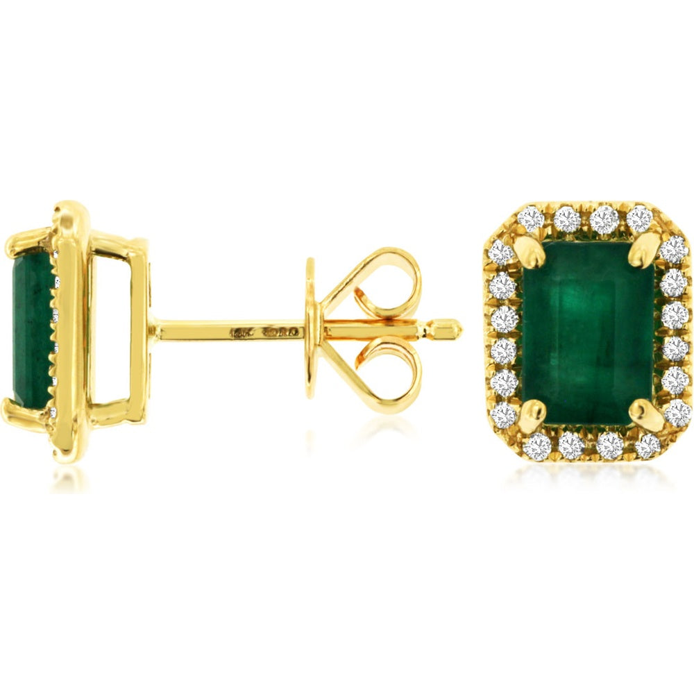 14K Yellow Gold Emerald-Cut Emerald and Round Diamond Halo Stud Earrings - 2.00 Carat Total Emerald Weight and 0.20 Carat Total Diamond Weight - Royal Jewelry