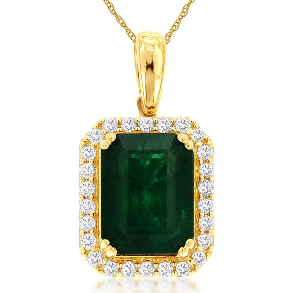 14K Yellow Gold Emerald Cut Emerald Pendant with Diamond Halo - 2.15 Carat Emerald, 0.20 Carat Diamond Total Weight - Royal Jewelry