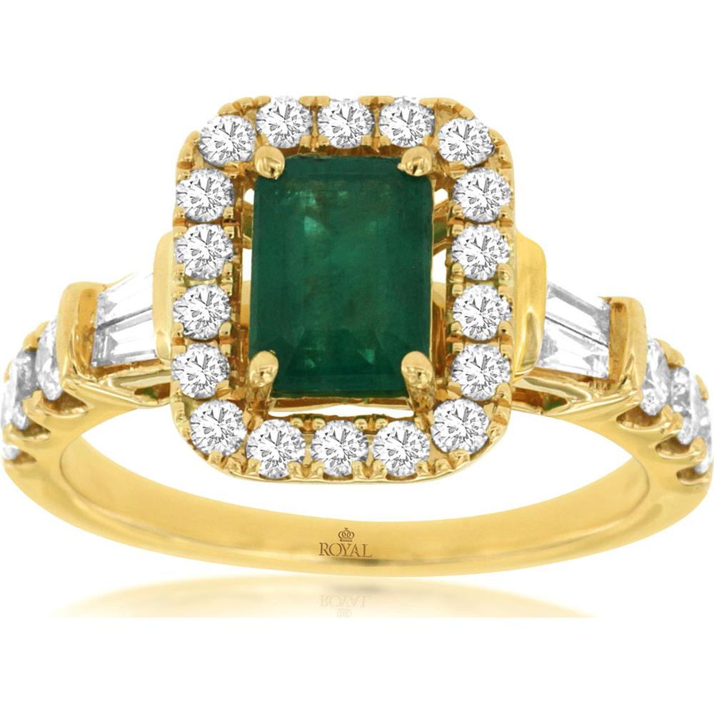 14K Yellow Gold Emerald Cut Emerald Ring with Round Diamond Halo and Baguette Diamond Shoulders - 1.04 Carat Emerald and 0.88 Carat Total Diamond Weight - Royal Jewelry