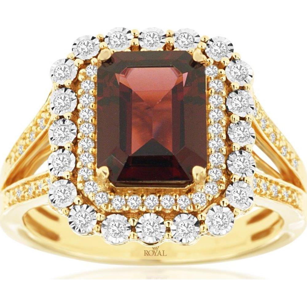 14K Yellow Gold Emerald Cut Garnet and Double Halo Diamond Ring with Milgrain Detail and Split Shank - 2.50 Carat Garnet, 0.33 Carat Total Diamond Weight - Royal Jewelry
