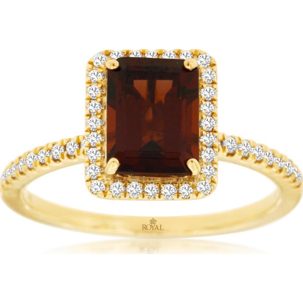 14K Yellow Gold Emerald-Cut Garnet Halo Ring with 0.20 Carat Diamonds and Milgrain Detail - 2.2 Carat Total Garnet Weight - Royal Jewelry