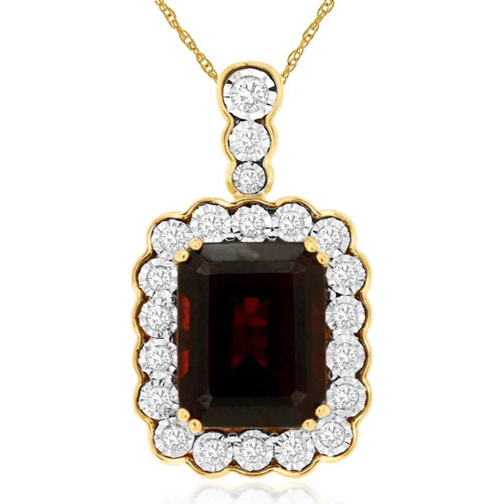 14K Yellow Gold Emerald-Cut Garnet Pendant with Diamond Halo - 4.20 Carat Garnet and 0.25 Carat Total Diamond Weight - Royal Jewelry
