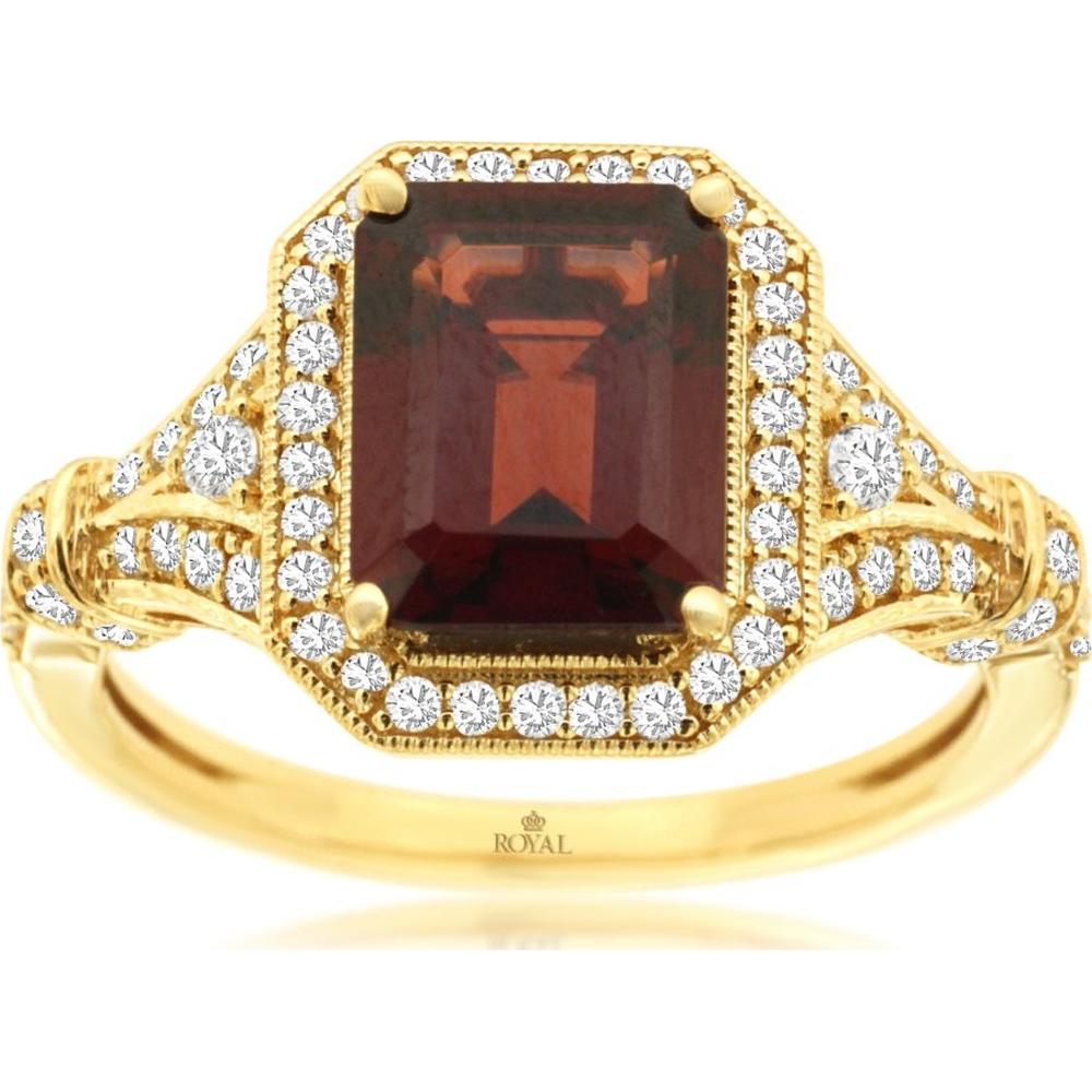 14K Yellow Gold Emerald-Cut Garnet Ring with Diamond Halo and Milgrain Detail - 2.50 Carat Garnet, 0.40 Carat Total Diamond Weight - Royal Jewelry