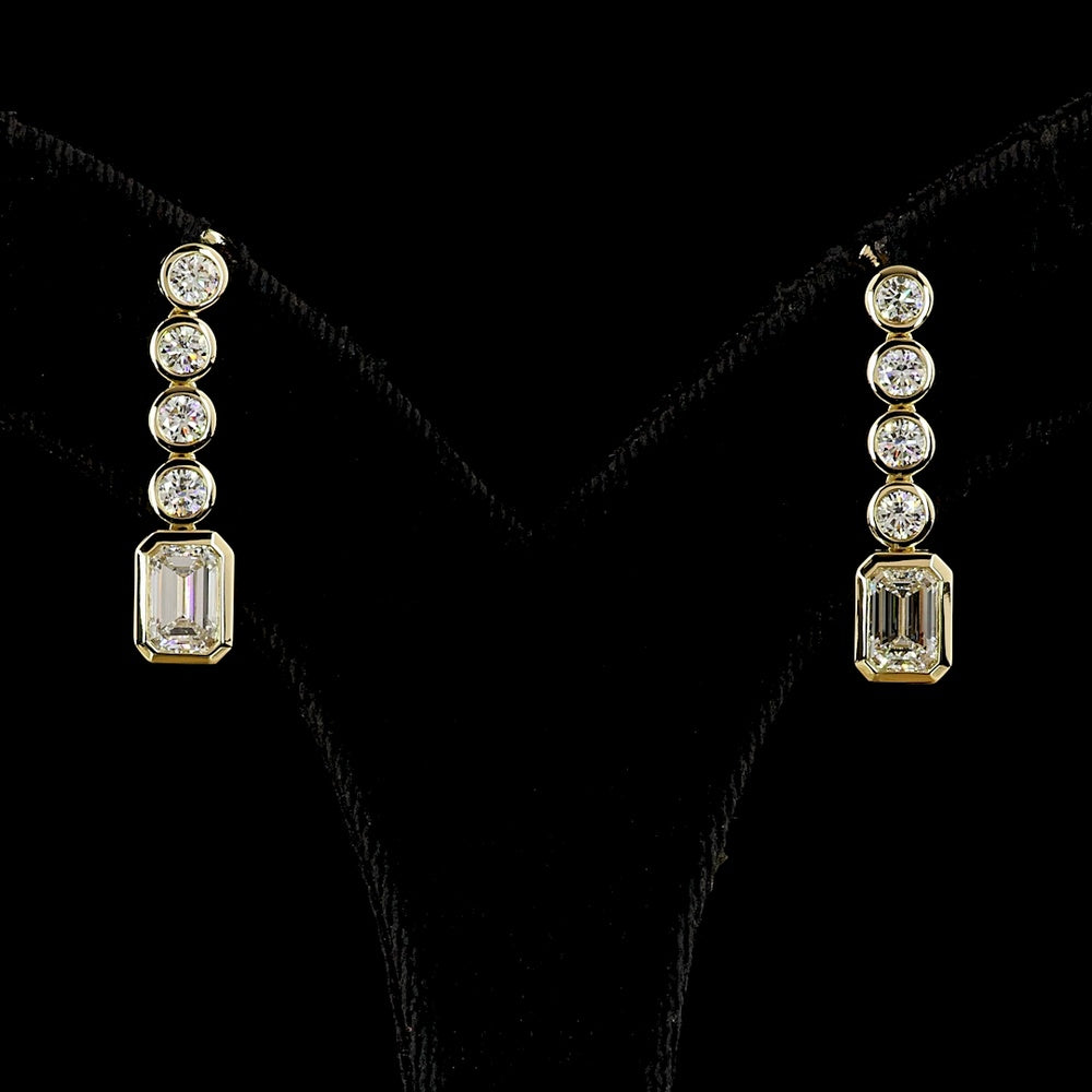 14K Yellow Gold Emerald Cut Hanging Earrings with Bezel Set Brilliant Cut Lab Diamonds - 2.55 Carat Total Diamond Weight - Covaloro Fine Jewelry