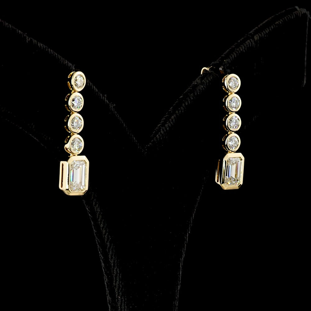 14K Yellow Gold Emerald Cut Hanging Earrings with Bezel Set Brilliant Cut Lab Diamonds - 2.55 Carat Total Diamond Weight - Covaloro Fine Jewelry