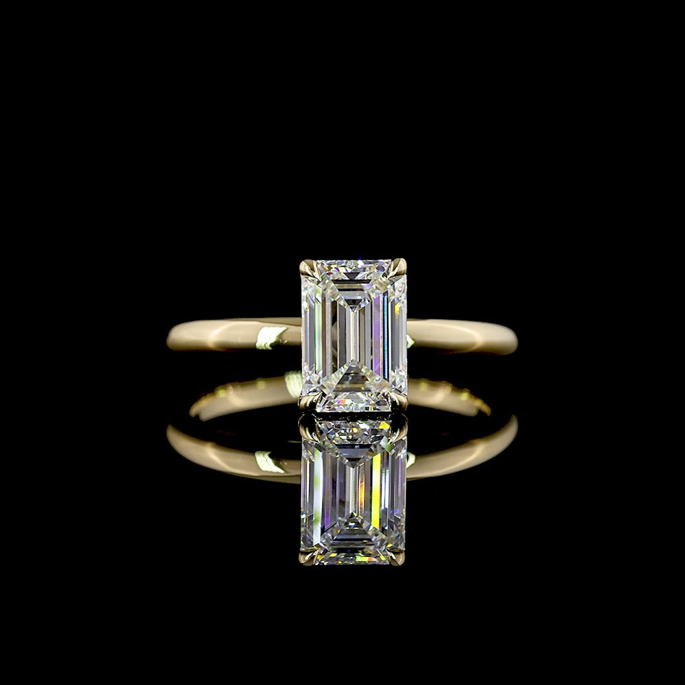 14K Yellow Gold Emerald Cut Hidden Halo Ring with 1.56 Carat Lab Grown D VVS2 Diamond and 0.08 Carat Brilliant Cut Halo Diamonds - IGI Certified Total 1.64 Carats - Covaloro Fine Jewelry