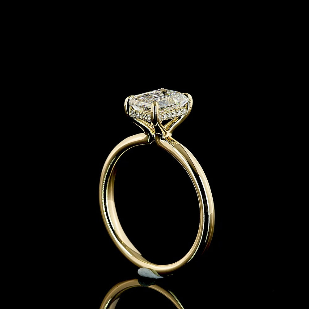 14K Yellow Gold Emerald Cut Hidden Halo Ring with 1.56 Carat Lab Grown D VVS2 Diamond and 0.08 Carat Brilliant Cut Halo Diamonds - IGI Certified Total 1.64 Carats - Covaloro Fine Jewelry