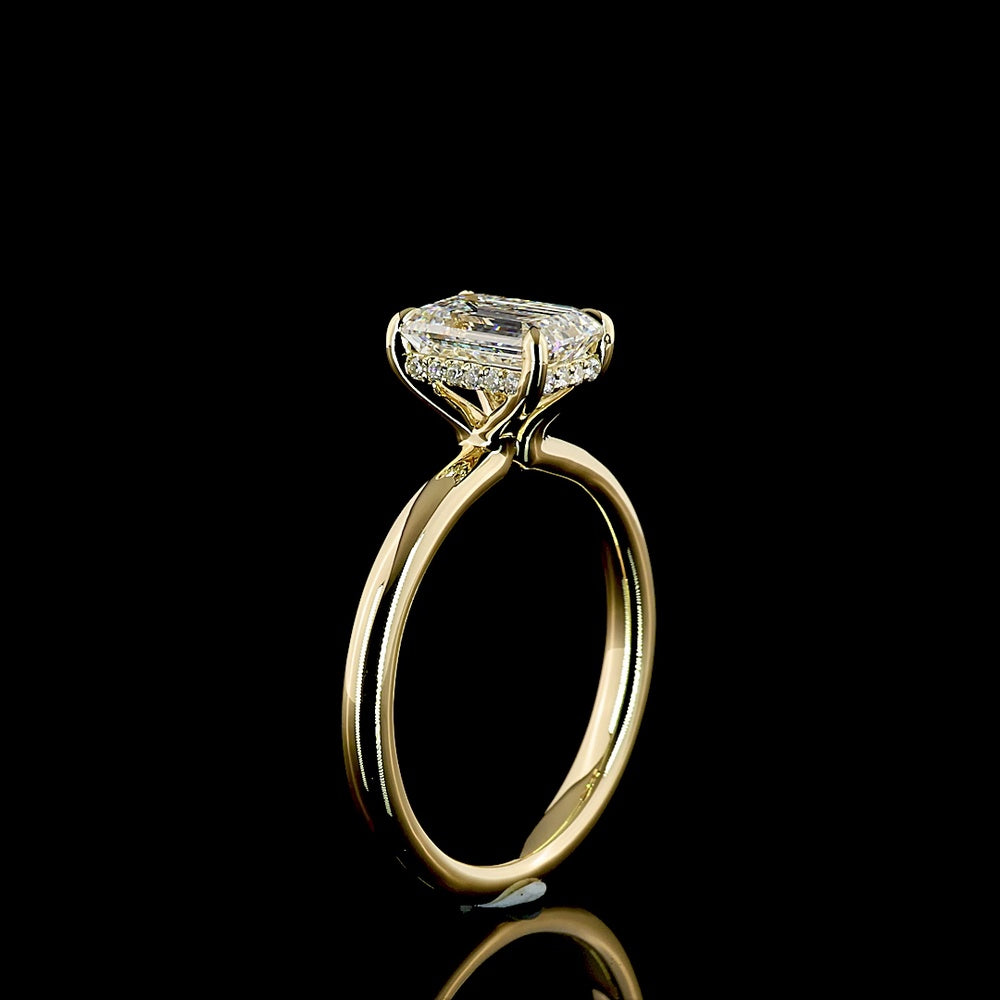 14K Yellow Gold Emerald Cut Hidden Halo Ring with 1.56 Carat Lab Grown D VVS2 Diamond and 0.08 Carat Brilliant Cut Halo Diamonds - IGI Certified Total 1.64 Carats - Covaloro Fine Jewelry